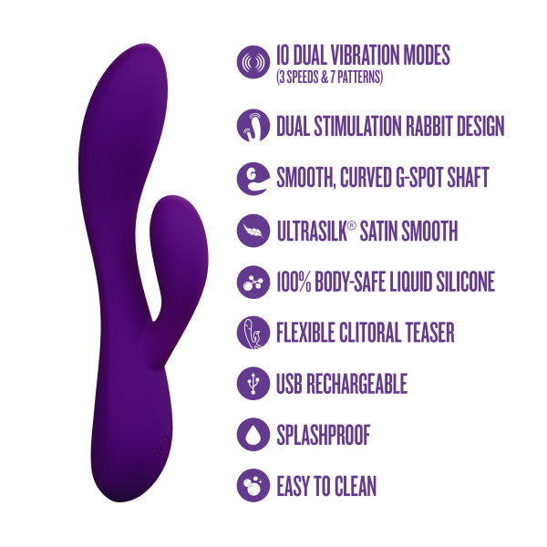 The Fever Dream Beginner G-Spot Rabbit Vibrator in purple is shown next to its features: 10 vibration modes, dual stimulation for intense G-spot pleasure, smooth Ultrasilk silicone, flexible teaser, rechargeable, splashproof, and easy to clean.