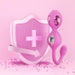 A pink shield with a white medical cross and arrow stands beside the Elektra App-Controlled E-Stim Kegel Training Set for Pelvic Floor, shown in pink and silver on a pastel pink background scattered with pink beads.