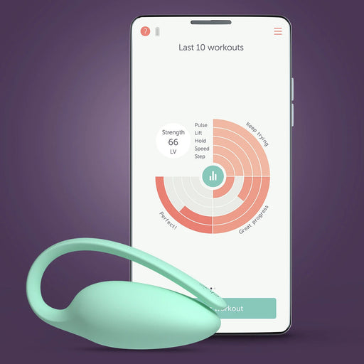 The Elvie Trainer Smart Kegel Exerciser in mint green sits in front of a smartphone displaying workout stats and pelvic floor strength summaries on its app, all set against a purple background.
