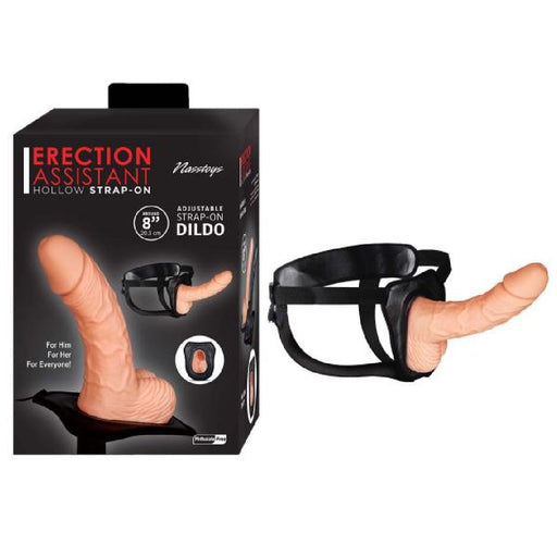 Erection Assistant 8 Inch Hollow Strap-on - Vanilla next to product box 