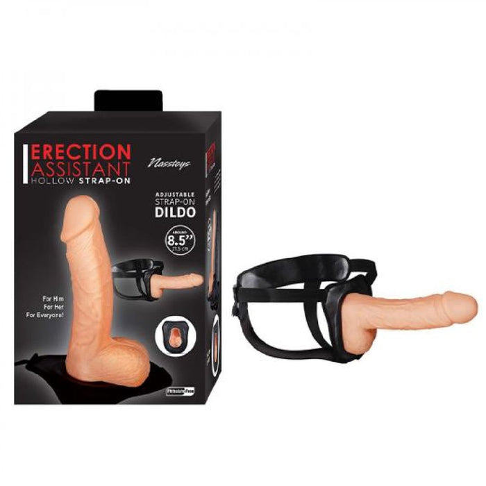 Erection Assistant 8.5 Inch Hollow Strap-on - Vanilla next to product box 