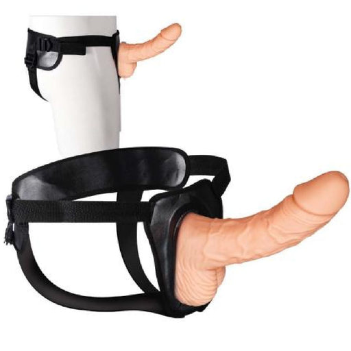 Erection Assistant 8.5 Inch Hollow Strap-on - Vanilla on model and another harness set next to it 