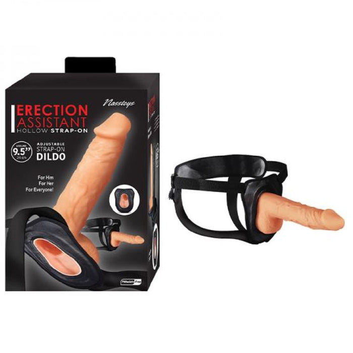 Image of a "Erection Assistant 9.5 Inch Hollow Dildo & Strap-on Harness - Vanilla" by Nasstoys. The product includes a realistic dildo attached to a black adjustable harness. The packaging is shown next to the product, highlighting its features and stating it is designed for both him and her, compatible with water-based lubricant for added comfort.
