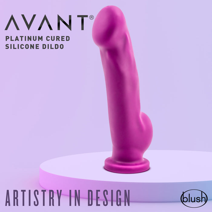 A magenta silicone dildo, standing upright on a white platform, is set against a gradient purple background. The text reads "Ergo Silicone Suction Cup 7.5 Inch Dildo" and "ARTISTRY IN DESIGN" with the Blush logo in the bottom right corner. It's perfect for use with a strap-on harness or for prostate stimulation.