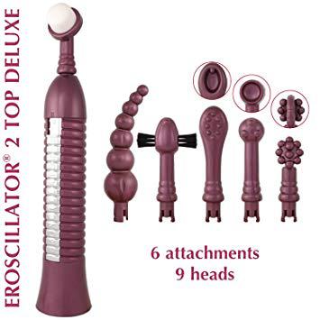 An erotic massager titled "Eroscillator 2 Plus Top Deluxe Combo" by the brand Eroscillator in maroon color is shown with six attachments featuring nine different heads, including a rounded head, beaded designs, a brush-like head, and more. This versatile personal vibrator promises to enhance your orgasmic response with its varied stimulator options.