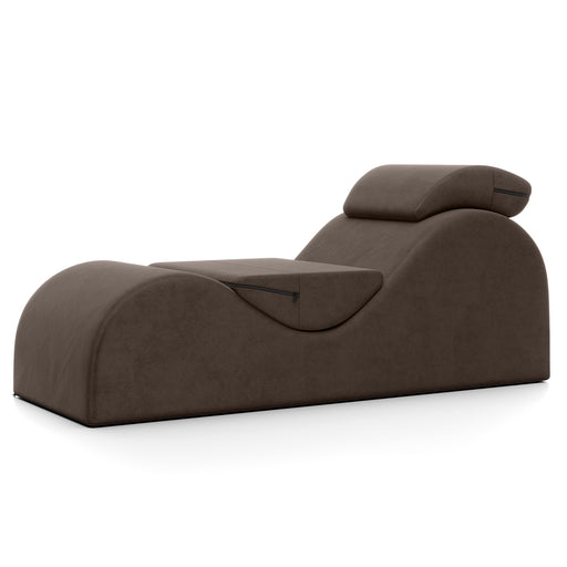 The Liberator Esse Sex Lounger is a dark brown, modern ergonomic lounger with a curvy design, integrated headrest, and rectangular cushion, shown against a white background.