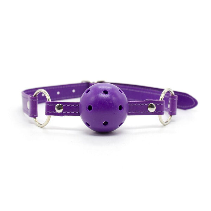 The Ple'sur Everything Bondage 9 Piece Beginner's Bondage Kit - Purple features a purple ball gag with an adjustable faux leather strap and metal rings on the sides. Perfect for sensory thrill, the ball has small holes throughout its surface. The product is elegantly displayed on a white background.