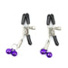 The Ple'sur Everything Bondage 9 Piece Beginner's Bondage Kit - Purple includes two metal clips with black rubber handles and adjustable screws. Each clip features two small purple bells at the bottom, designed to add a sensory thrill. The clips are displayed against a plain white background.