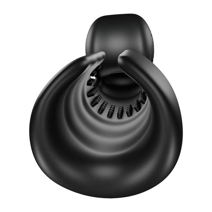 A detailed view of the Evo Rolling Penis Masturbator, designed in black with sleek, spiral curves made of medical-grade silicone. Ventilation holes are apparent on one side. The modern design stands out against a white background, spotlighting its sophisticated elegance.