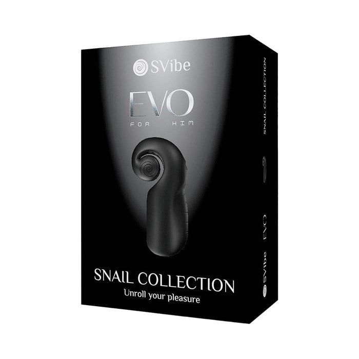 The "Evo Rolling Penis Masturbator with Head & Shaft Vibrations" comes in a black box labeled "SVibe EVO for Him," featuring a snail-shaped, medical-grade silicone design. The packaging reads "SNAIL COLLECTION" and "Unroll your pleasure," promising an elevated experience with its vibrating tip.