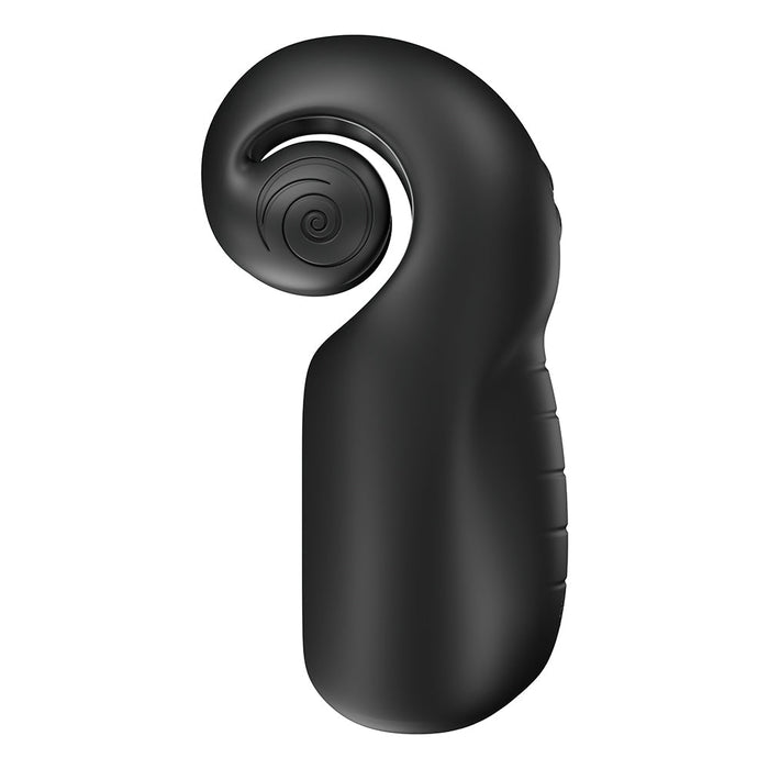 The Evo Rolling Penis Masturbator is a black, ergonomic handheld device made of medical-grade silicone with a spiral design. It features a smooth, curved surface for easy grip and an optional vibrating tip for enhanced relaxation.