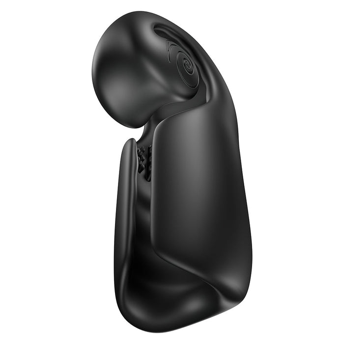A stylish, black abstract Evo Rolling Penis Masturbator features curved surfaces and a flowing design, made from medical-grade silicone, resembling a hooded figure with head and shaft vibrations.