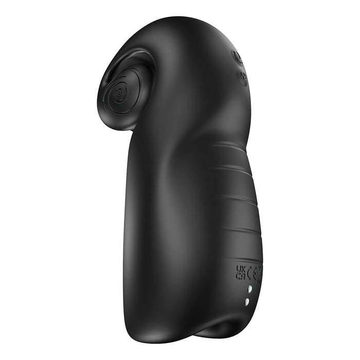The Evo Rolling Penis Masturbator with Head & Shaft Vibrations is a sleek, black ergonomic device made from medical-grade silicone, featuring a spiral design on one end, ridged textures along the side, and embossed symbols on its compact curved form for added detail.