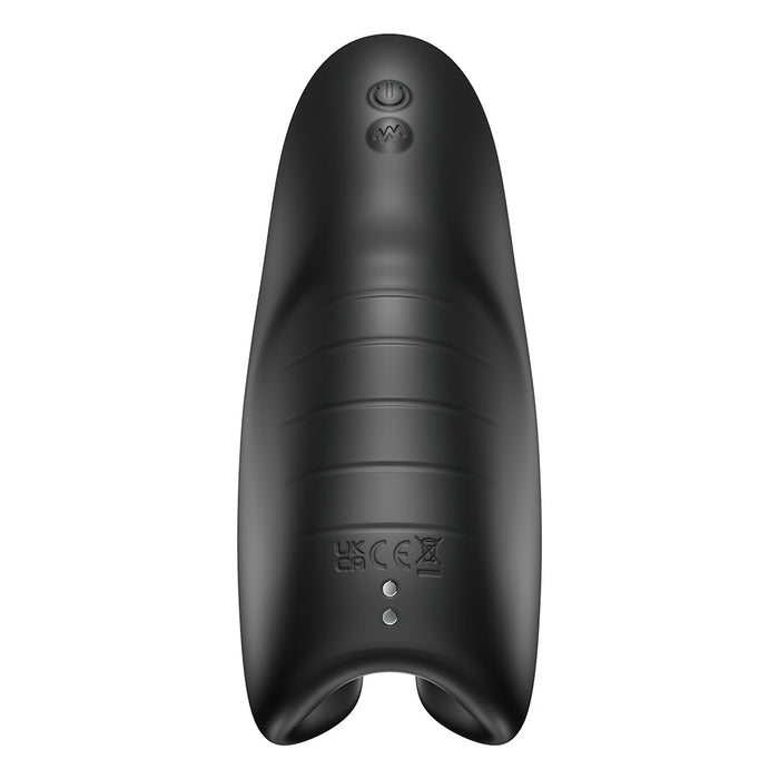 The Evo Rolling Penis Masturbator with Head & Shaft Vibrations is an oval-shaped black electronic device made from medical-grade silicone, with two top buttons, a ribbed surface, certification markings, and LED indicators at the bottom.