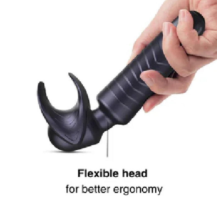 A hand holds the Evo Vibrating Male Stroker and Couples Vibrator, a black handheld tool with a crescent-shaped, flexible head. Its waterproof design and intense vibration promise enhanced functionality. Below the tool, it states "Flexible head for better ergonomics.