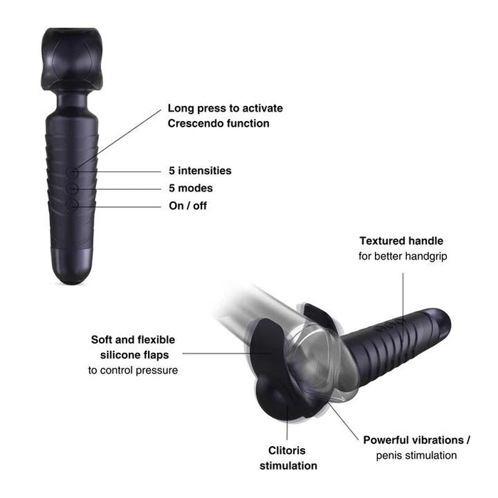 Image of the Evo Vibrating Male Stroker and Couples Vibrator: Features a long press for Crescendo, 5 intensities/modes, on/off button, textured handle, soft silicone flaps. Enjoy intense vibrations and powerful clitoral/penile pleasure. Waterproof for versatile use.