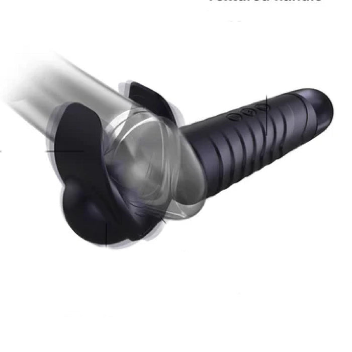 A close-up illustration of the Evo Vibrating Male Stroker and Couples Vibrator's black cylindrical handle with a textured grip on a transparent, waterproof tube. The handle has wing-like side supports and a circular central joint for an intense vibration experience.