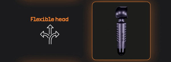 GIF showcasing the Evo Vibrating Male Stroker and Couples Vibrator, featuring a waterproof design and flexible head. The head moves in various directions, with text "Flexible head" beside arrows pointing left, right, and up.