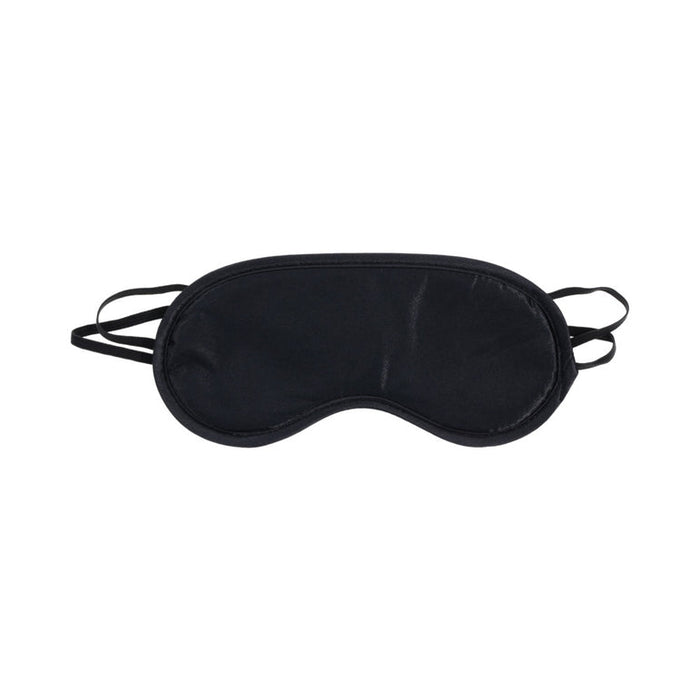 The Ex's & Oh's Kiss Kit - 4 Piece Beginner Bondage Kit features a black sleep mask with two elastic straps, ideal for pairing with bondage gear and shown against a white background.