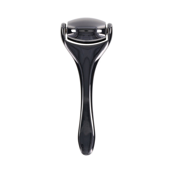 The Ex's & Oh's Temperature Play Sensory Roller is a black facial roller with a curved handle and smooth, rounded head, perfect for skincare routines and intimate exploration. Shown against a white background.