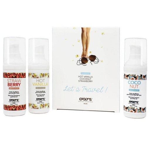 A set of three fragrance spray bottles with strawberry, hot vanilla, and coconut fragrances, packaged together with a travel theme, reading "Let's Travel!" on the box.