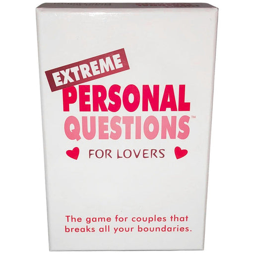 The Extreme Personal Questions for Lovers game comes in a white box with bold pink and red text, heart icons, and the tagline "The game for couples that breaks all your boundaries." Perfectly intimate for your next date night.