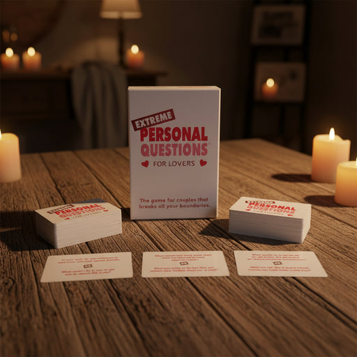 The "Extreme Personal Questions for Lovers" card game box rests on a wooden table surrounded by cards and candles, setting a romantic vibe—an ideal pick for an intimate card game or unforgettable date night.