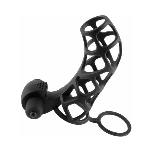 The Extreme Vibrating Silicone Power Cock Cage - Black by Pipedream Products is a black, intricately designed, lattice-style cage featuring an attached circular ring at the end. Made from flexible silicone, it is hollow with cut-out sections for airflow or visibility. Ideal as an erection enhancer, this cage supports performance while maintaining comfort and discretion.
