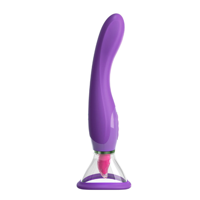 The Fantasy For Her Ultimate Pleasure Double Ended Tongue Vibrator by Pipedream Products, a purple silicone marvel with a curved shaft and ergonomic shape, is displayed upright. Its base features a transparent section with a pink element inside, possibly designed for clitoral stimulation or additional pleasurable sensations.