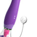 The Fantasy For Her Ultimate Pleasure Double Ended Tongue Vibrator by Pipedream Products features a sleek, purple design with a clear bottom container housing a pink component. It comes with an ergonomic, modern look and includes a white two-button control device attached via a cord, making it perfect for clitoral stimulation.