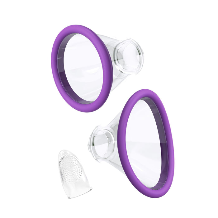 Two clear breast pump flanges with purple rims are displayed. The flanges feature a wide opening and include a connector piece for attaching to the pump. Additionally, the image showcases a clear silicone nipple shield, enhancing comfort in a manner comparable to using the Fantasy For Her Ultimate Pleasure Double Ended Tongue Vibrator by Pipedream Products.