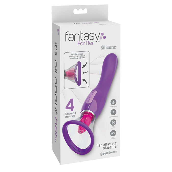 Image of a product box for the "Fantasy For Her Ultimate Pleasure Double Ended Tongue Vibrator" by Pipedream Products. The white box with purple text and accents showcases the vibrator in its vibrant purple hue along with its components. Highlights include "4 powerful motors" and features for simultaneous licking & vibrating action, ideal for clitoral stimulation.