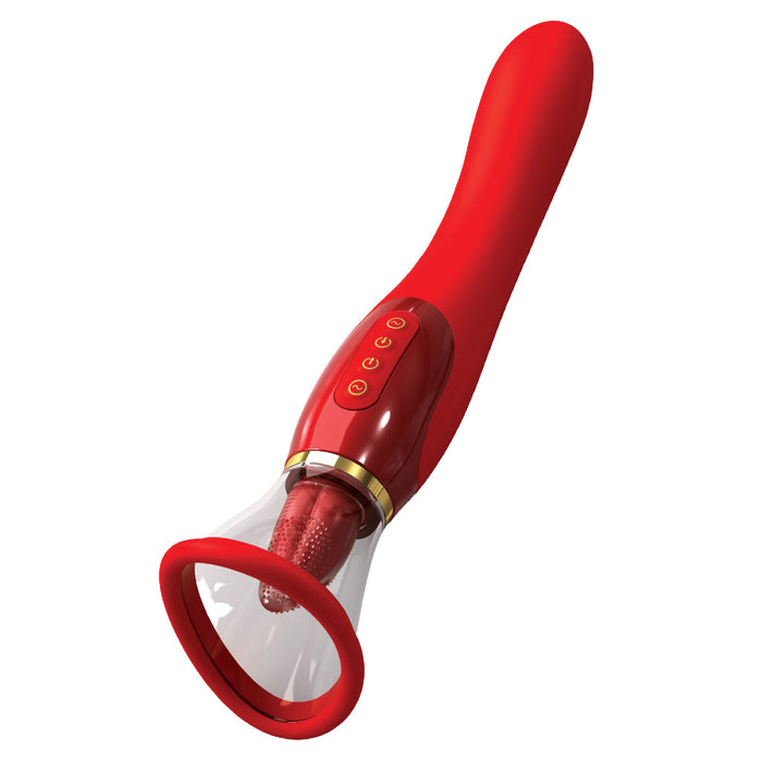 A red, handheld Fantasy For Her Ultimate Pleasure Double Ended Vibrator 24K Gold Luxury Edition by Pipedream Products, featuring a curved design with three buttons on its handle and a clear plastic attachment at the end. This massager is designed for personal use and sexual wellness, delivering exceptional clitoral stimulation.
