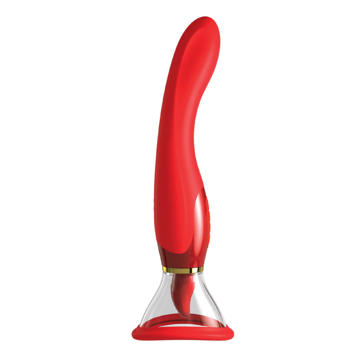 The Fantasy For Her Ultimate Pleasure Double Ended Vibrator 24K Gold Luxury Edition by Pipedream Products is a sleek, curved red silicone massager with a luxurious gold accent near the base, designed for clitoral stimulation. It is attached to a clear, sturdy suction cup stand for upright display. The design features smooth, flowing lines for ergonomic comfort.
