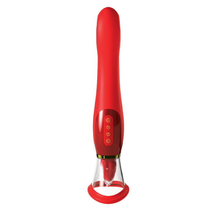 A red electric toothbrush stands upright with a transparent bristle cover at the bottom. The handle, reminiscent of the Fantasy For Her Ultimate Pleasure Double Ended Vibrator 24 K Gold Luxury Edition by Pipedream Products, has three buttons and an LED indicator on the front. The toothbrush boasts a sleek, modern design.