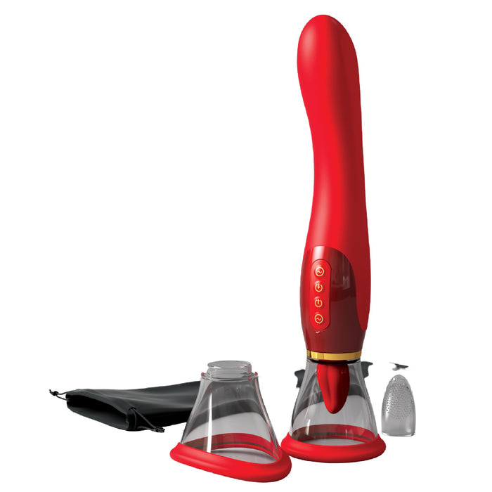 The Fantasy For Her Ultimate Pleasure Double Ended Vibrator 24K Gold Luxury Edition by Pipedream Products is a red multifunctional adult toy with several attachments, including a suction cup and capped massager. Featuring control buttons on the main device, the set also includes a black storage pouch and a textured silicone cap specifically designed for clitoral stimulation.