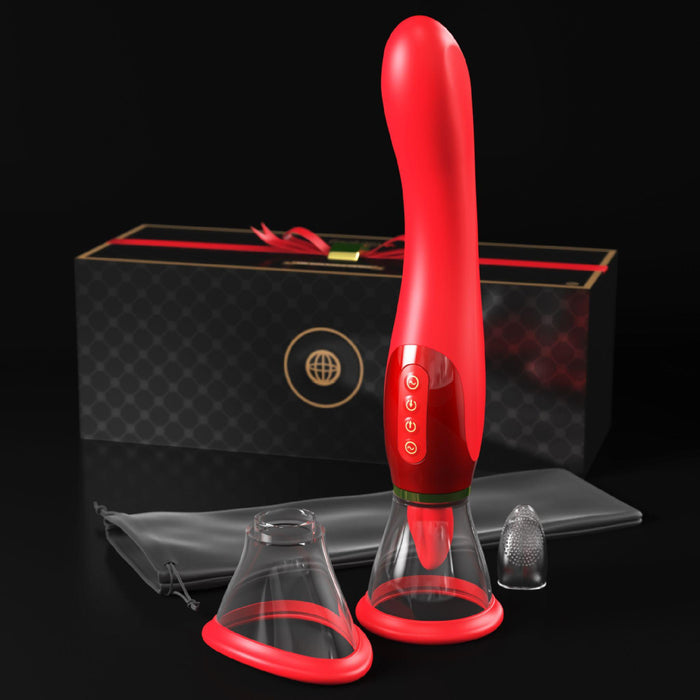 A luxurious red ergonomic adult toy with a curved design is displayed as the Fantasy For Her Ultimate Pleasure Double Ended Vibrator 24 K Gold Luxury Edition by Pipedream Products. It comes with three detachable silicone attachments, a sleek black carrying case, and an elegant black gift box adorned with a red bow. The toy features convenient control buttons on its handle for precise g-spot stimulation, set against a dark background.