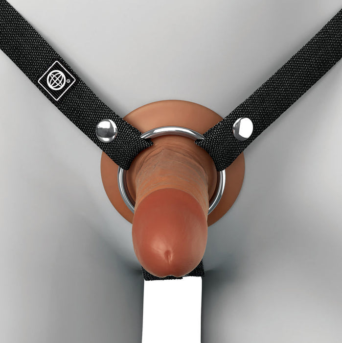 The Fantasy X-Tensions Elite Hollow 5 Inch Silicone Dildo & Strap-On Harness - Chocolate offers a secure and comfortable fit for strap-on play.