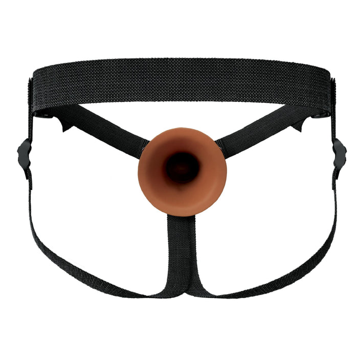 The Fantasy X-Tensions Elite Hollow 7 Inch Silicone Dildo & Strap-On Harness - Chocolate by Pipedream Products features a black strap harness with adjustable buckles and a brown circular opening in the center, designed for use with the hollow silicone strap-on. The harness is made of sturdy, durable material and has multiple straps to ensure a secure fit.