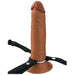 The Fantasy X-Tensions Elite Hollow 8 Inch Silicone Dildo & Strap-On Harness in Chocolate by Pipedream Products features a realistic brown silicone dildo with lifelike detailing, including a distinct head and veins. It is attached to a black harness strap with a metal ring at the base, offering an anatomical and functional design for enhanced experiences.