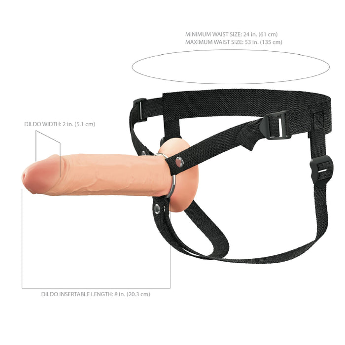 The Fantasy X-Tensions Elite Hollow 8 Inch Silicone Dildo & Strap-On Harness - Vanilla by Pipedream Products is displayed against a plain white background. The image includes measurements: a minimum waist size of 24 inches, maximum waist size of 53 inches, dildo width of 2 inches, and an insertable length of 8 inches.