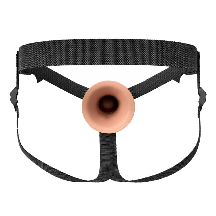 The Fantasy X-Tensions Elite Hollow 8 Inch Silicone Dildo & Strap-On Harness in Vanilla by Pipedream Products features a black adjustable harness with two side buckles and a central ring that holds a flesh-colored, funnel-shaped attachment. This design ensures support and secure placement on the body, providing a realistic feeling sex toy experience.