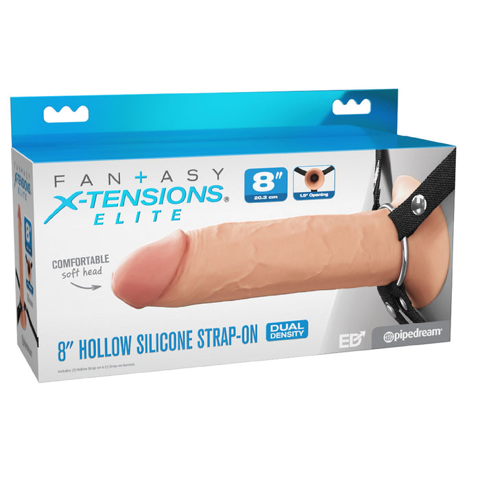 A product image showing a box of "Fantasy X-Tensions Elite Hollow 8 Inch Silicone Dildo & Strap-On Harness - Vanilla." The packaging highlights features such as a comfortable soft head, dual-density design, and an 8-inch insertable length. This strap-on by Pipedream Products is ideal for those dealing with erectile dysfunction.