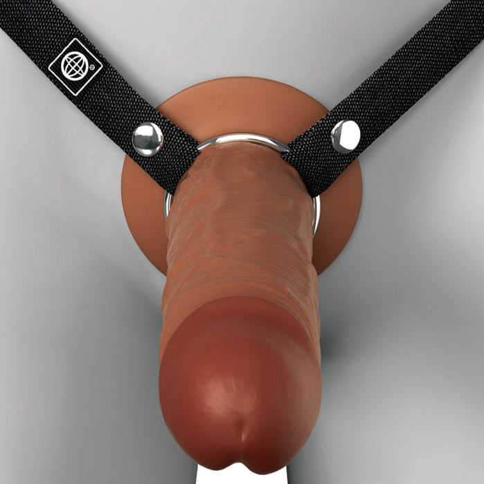 The Fantasy X-Tensions Elite Hollow 9 Inch Silicone Dildo & Strap-On Harness - Chocolate sits in the hole, crafted from dual-density Elite Silicone for a realistic look and feel.