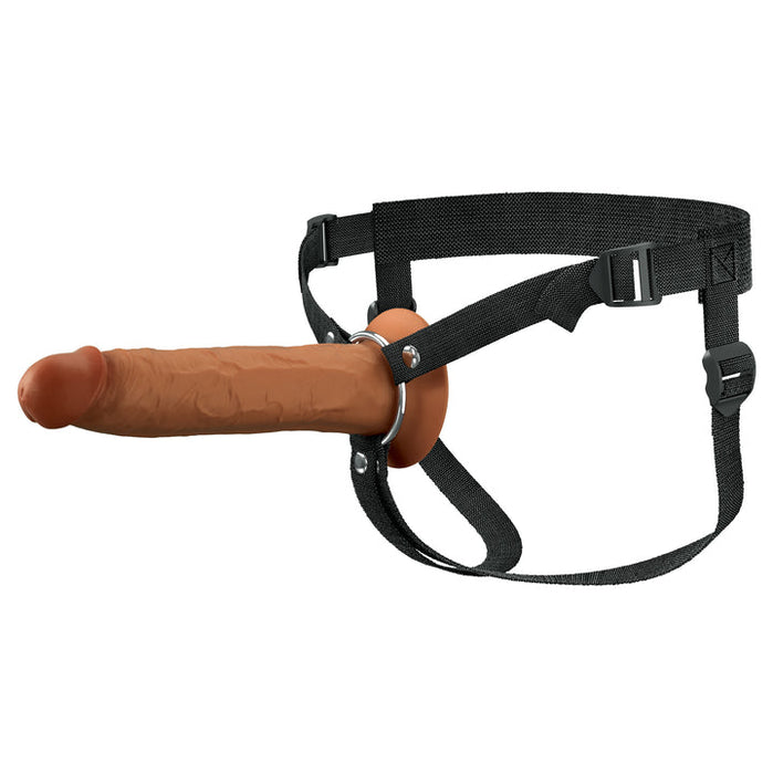 The Fantasy X-Tensions Elite Hollow 9 Inch Silicone Dildo & Strap-On Harness in Chocolate features a realistic, flesh-toned dildo and an adjustable harness—ideal as a strap-on for erectile dysfunction.