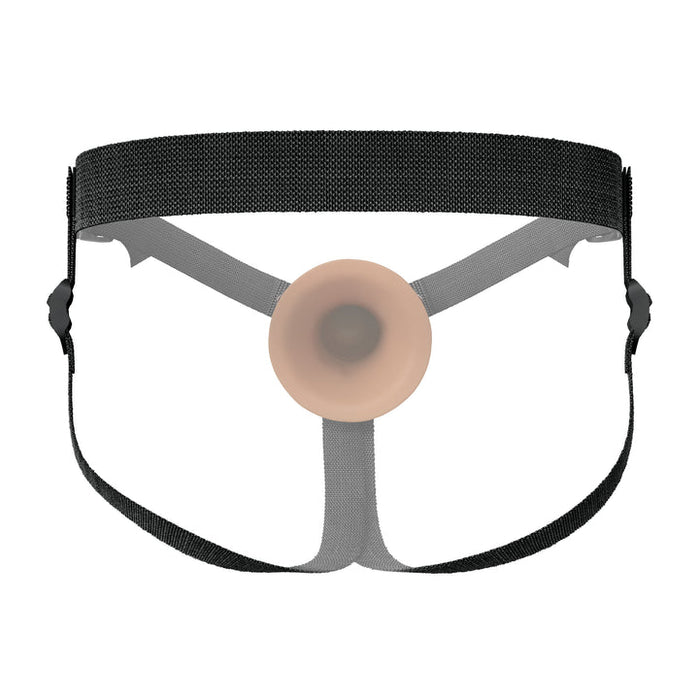 The Fantasy X-Tensions Elite Hollow 9 Inch Silicone Dildo & Strap-On Harness - Chocolate features adjustable black straps and a round, chocolate-colored silicone attachment, ideal for medical or prosthetic use and suitable as a strap-on for erectile dysfunction.