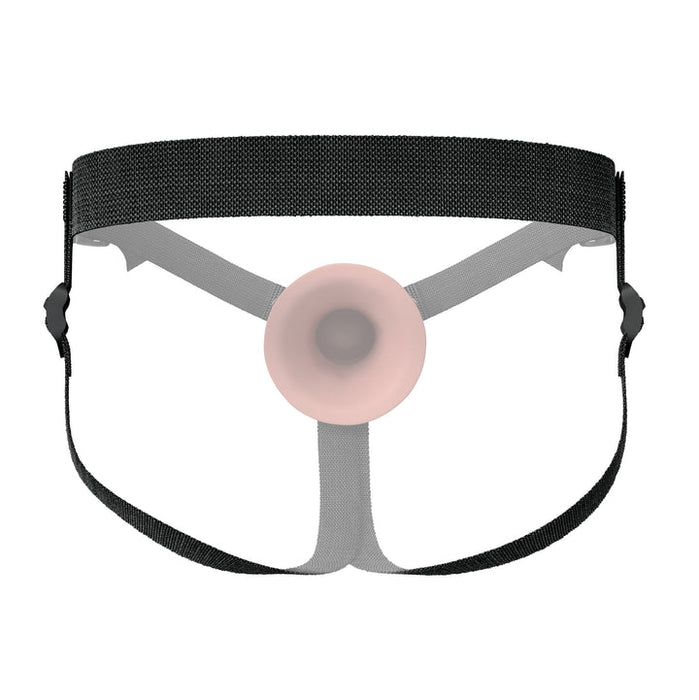 The Fantasy X-Tensions Elite Hollow 9 Inch Silicone Dildo & Strap-On Harness - Vanilla features adjustable black straps and a round, vanilla dual-density silicone centerpiece—ideal support for those with erectile dysfunction.