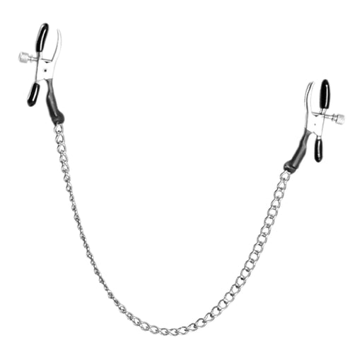 The Fetish Fantasy Adjustable Alligator Nipple Clamps With Chain by Pipedream Products features a silver chain that connects the adjustable clamps, complete with black rubber grips. Ideal for BDSM enthusiasts seeking an added thrill.