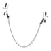 The Fetish Fantasy Adjustable Alligator Nipple Clamps With Chain by Pipedream Products features a silver chain that connects the adjustable clamps, complete with black rubber grips. Ideal for BDSM enthusiasts seeking an added thrill.