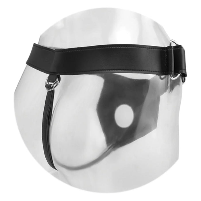Close-up image of the Pipedream Products Fetish Fantasy Elite Universal Heavy Duty Harness, a black leather harness with metal rings on both sides. This durable harness features adjustable leg and waist straps, displayed on a clear mannequin to showcase its design and fit around the waist and lower body.